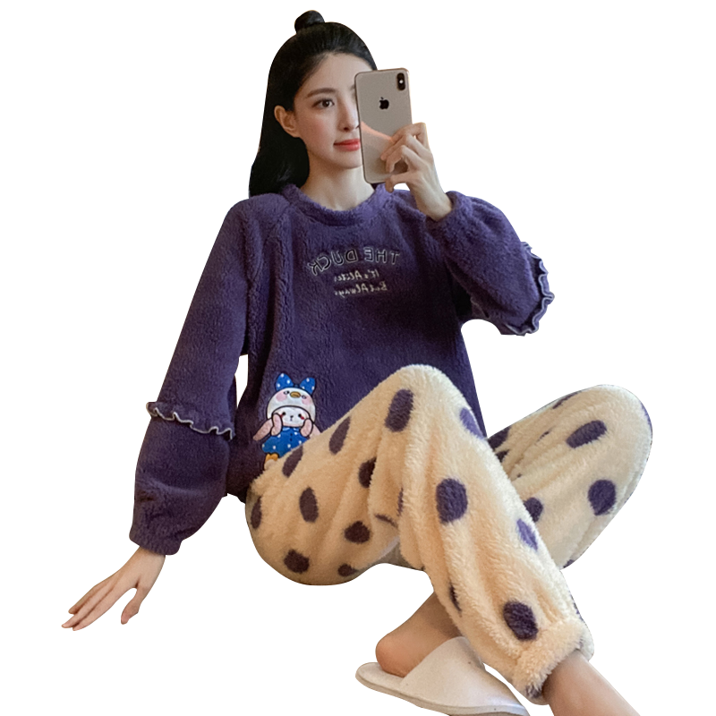 睡衣冬季女款2025年新款珊瑚绒可爱套装加厚法兰绒圆点家居服秋冬