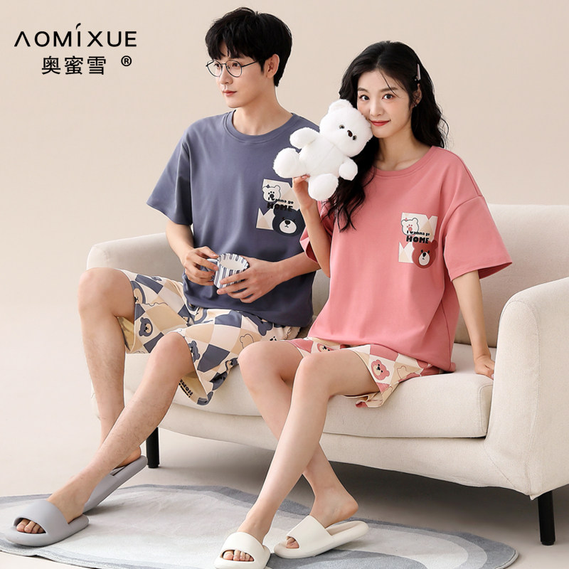 情侣睡衣2024年夏季新款纯棉短袖圆领套头男女可爱卡通家居服套装