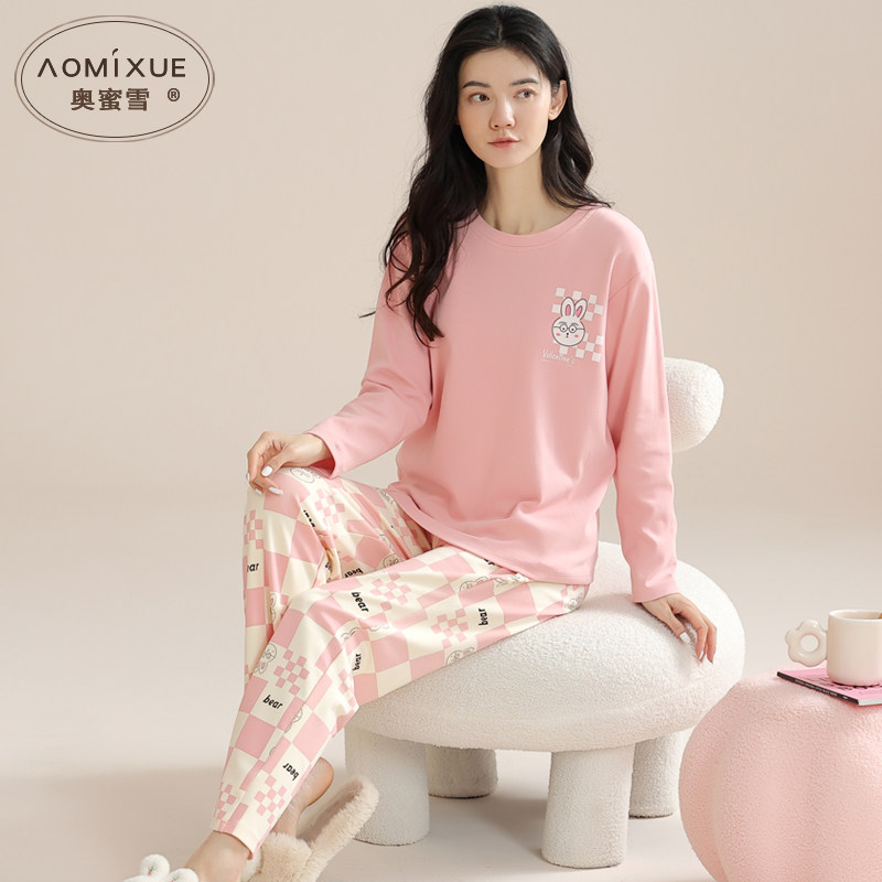 纯棉睡衣女款秋季长袖长裤可爱兔子少女春秋款全棉套头家居服套装
