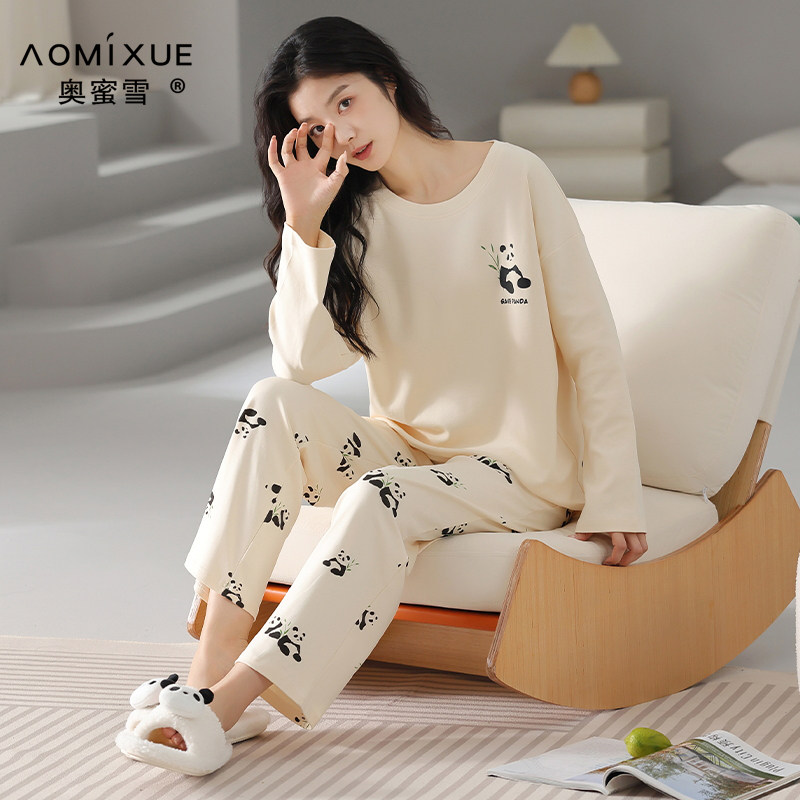 睡衣女款圆领可爱熊猫春秋款纯棉长袖可外穿卡通少女家居服套装冬