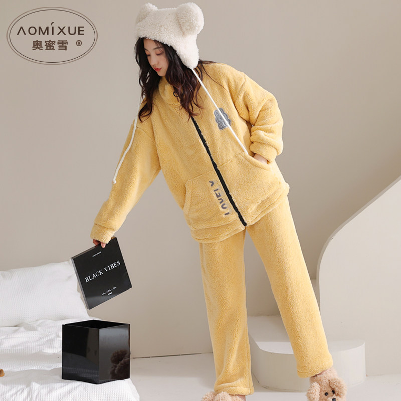 珊瑚绒睡衣冬季女款加绒加厚拉链简约可外穿少女秋冬天家居服套装