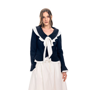 2026年早春新款娃娃领绑带撞色拼接小香风公主袖收腰短款外套女装