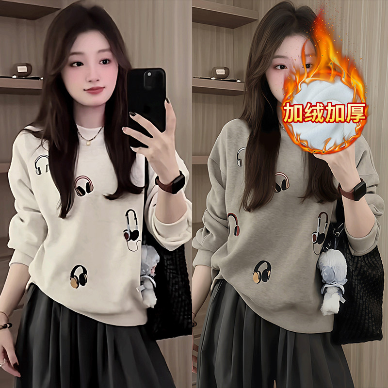 灰色松弛感加绒加厚卫衣女秋冬新款小众刺绣宽松慵懒韩版保暖上衣