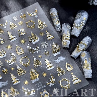 itutu新款 圣诞美甲贴纸烫金爆闪雪花圣诞树星星蝴蝶结指甲贴
