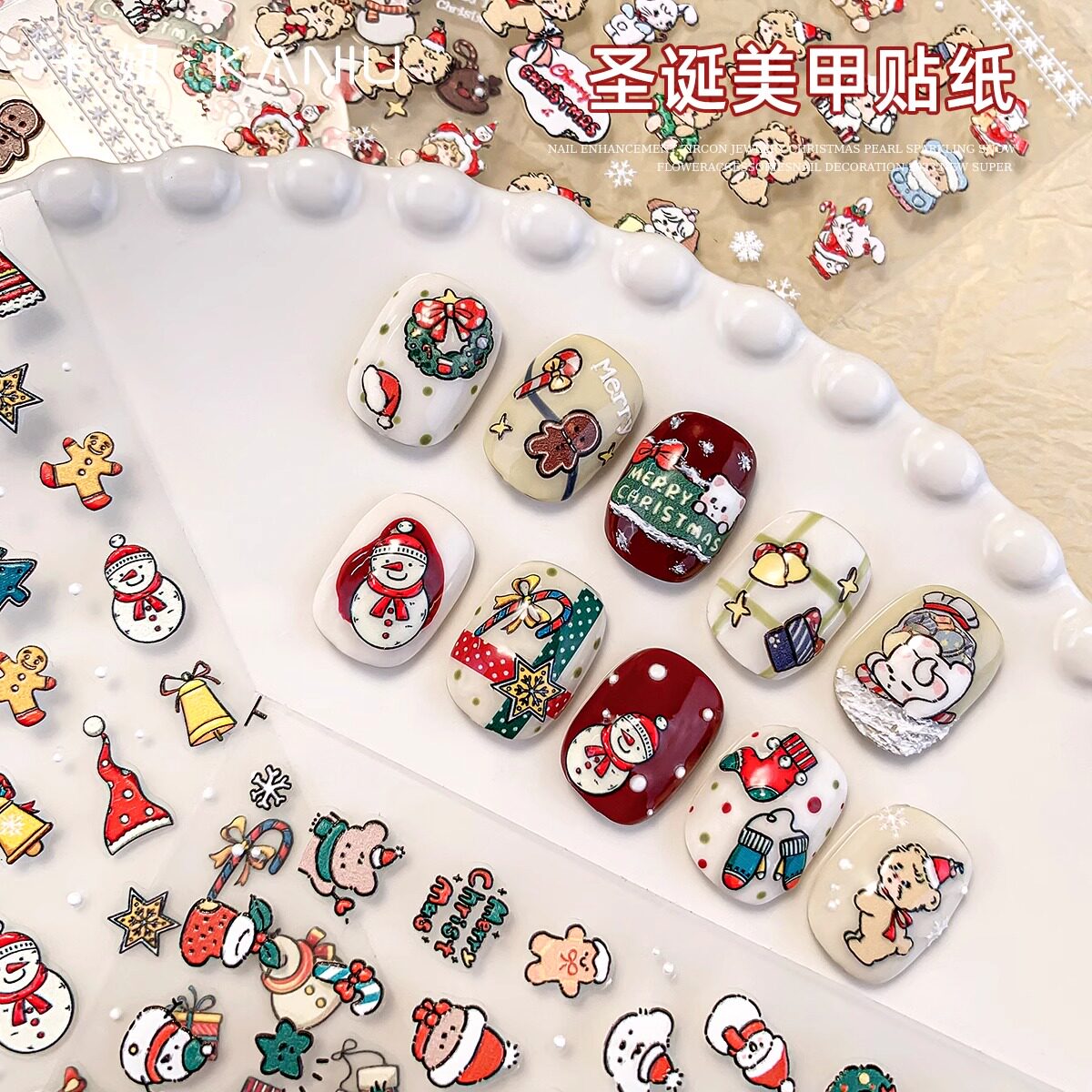 新款圣诞美甲贴纸立体3D浮雕雪人雪花纹2025秋冬流行防水指甲贴花