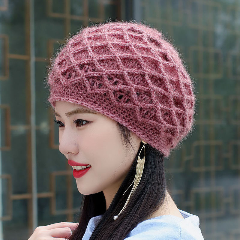 女士秋冬天毛线帽子柔软松鼠绒圆顶手工针织帽优雅透气保暖新款潮