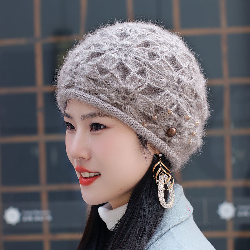 帽子女韩版秋冬天毛线帽手工钩花针织帽加绒保暖扎马尾包头贝雷帽