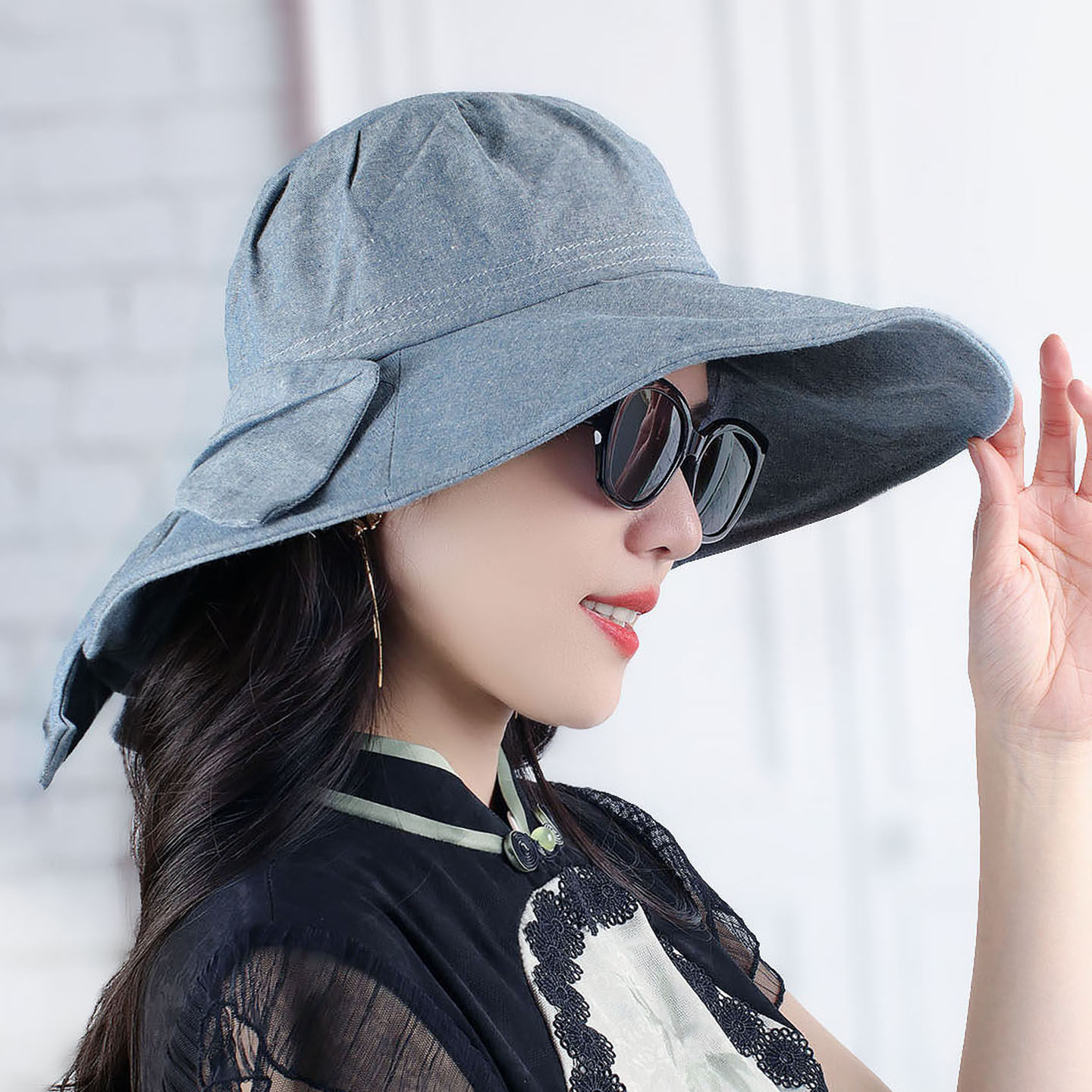 外单纯色大帽檐蝴蝶结遮阳防晒渔夫帽潮遮脸度假沙滩帽显脸小洋气