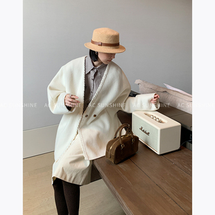 SUNSHINE 羊毛保暖舒适宽松平裁一粒扣双面毛呢外套大衣女 冬季