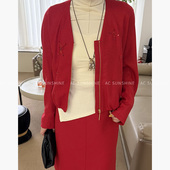 新年红重工艺刺绣羊毛混纺V领赫本风外套女新款 SUNSHINE 早春新品