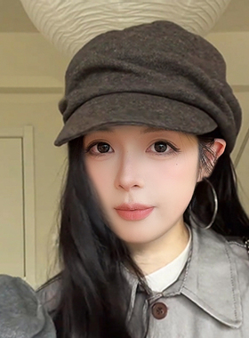 羊毛平顶褶皱山本风帽子女秋冬2025新款百搭马术帽文艺鸭舌报童帽