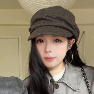 羊毛平顶褶皱山本风帽子女秋冬2025新款百搭马术帽文艺鸭舌报童帽