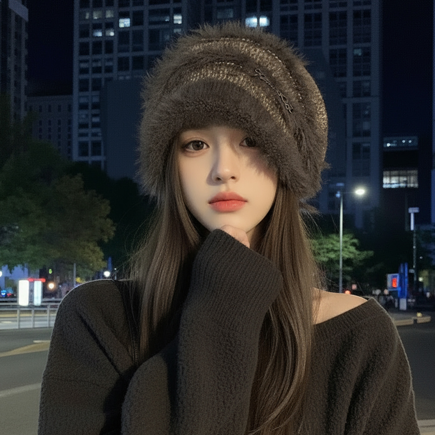 美拉德覆古毛绒堆帽女秋冬