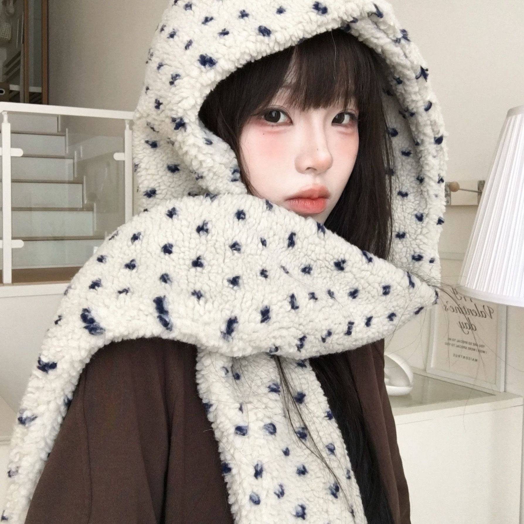 韩系氛围帽子围巾一体女秋冬保暖