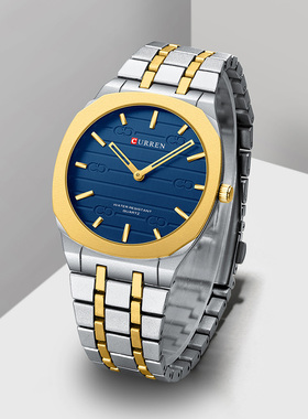 CURREN卡瑞恩男新年礼物情侣间金不锈钢带简约防水石英手表8444