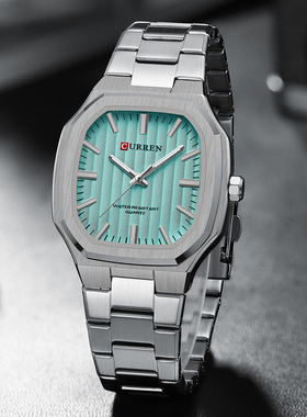 CURREN卡瑞恩奢华宴会休闲个性方形表盘不锈钢带简约夜光石英手表