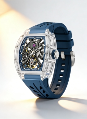 查尔仕CHANCE男户外运动碳纤维透明表壳酒桶型陀飞轮镂空机械手表