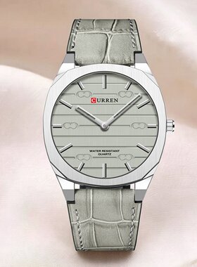 CURREN卡瑞恩男超薄简约银色表盘鳄鱼纹PU皮带防水石英手表8480