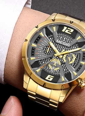 MEGIR美格尔男新款潮流商务宴会不锈钢带多功能夜光耐磨石英手表