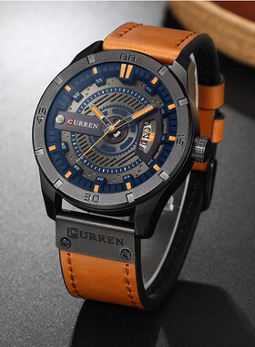新款Curren/卡瑞恩男士时尚商务皮带表个性日历石英腕表男款8301