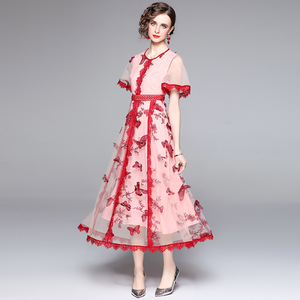 RM6001#圆领喇叭袖水溶花拼接刺绣蝴蝶收腰大摆网纱连衣裙