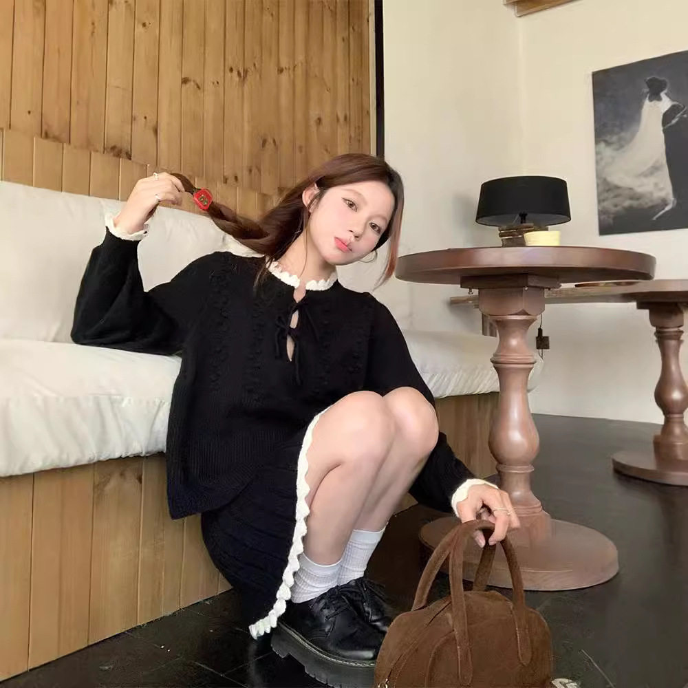 实拍早秋元气少女韩系chic时尚套装简约撞色针织上衣+半身裙