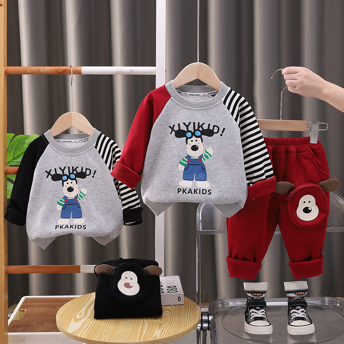 2025春季新款男童女童拼色卡通长袖斜肩衫套装男童卫衣两件套潮服,童装/婴儿装/亲子装,儿童运动套装,淘宝优惠券,粉丝福利购,淘宝优惠卷