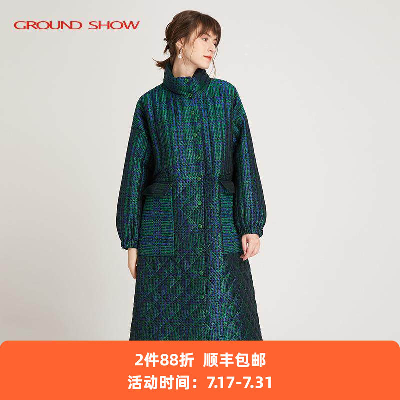 【专柜款】阁兰秀秋冬新品翠绿格形粗花呢棉衣过膝长款棉服女装