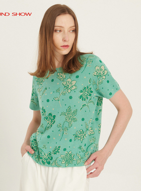 阁兰秀绿色提花针织T恤短袖圆领套头衫气质减龄上衣女2025夏新款