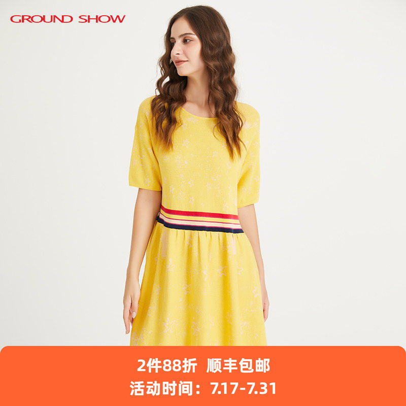 【丝棉混纺】阁兰秀夏季新品蜜蜡黄提花针织连衣裙商场同款女装