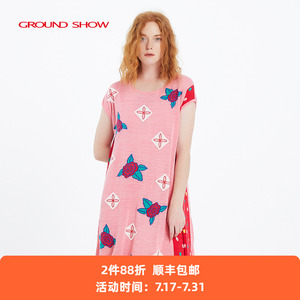 【专柜款】阁兰秀夏季新品短袖提花针织连衣裙宽松腰减龄裙子女装
