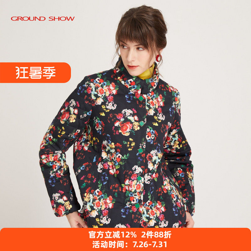 黑色印花棉衣阁兰秀加厚保暖