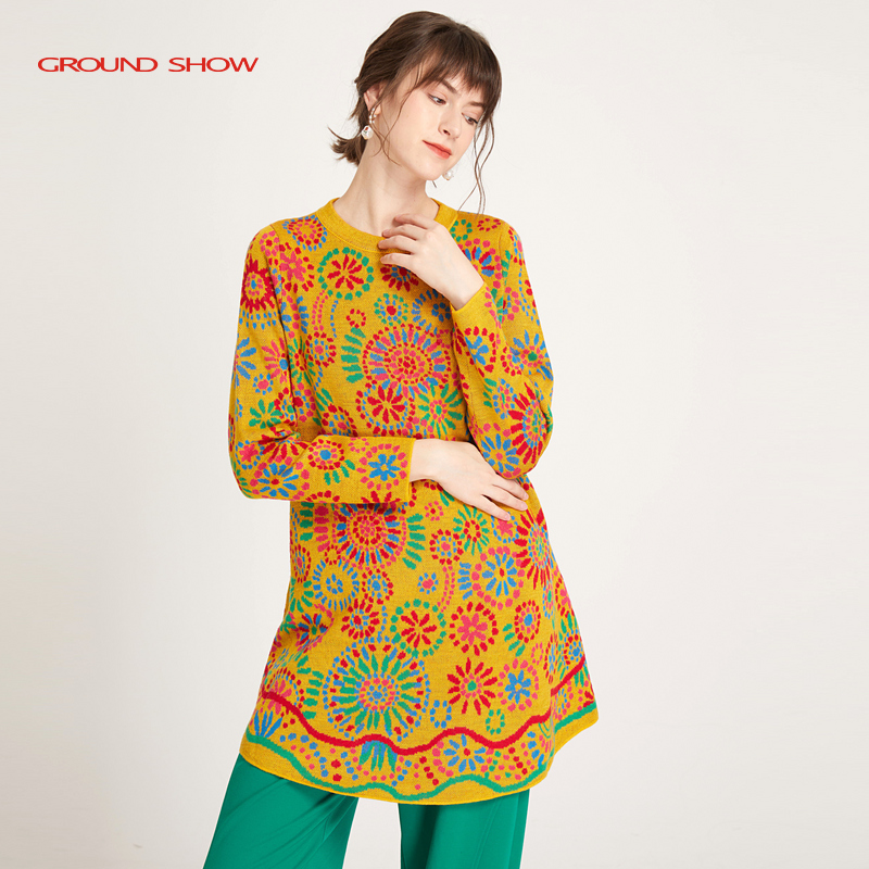 柠檬黄羊毛圆领套头阁兰秀