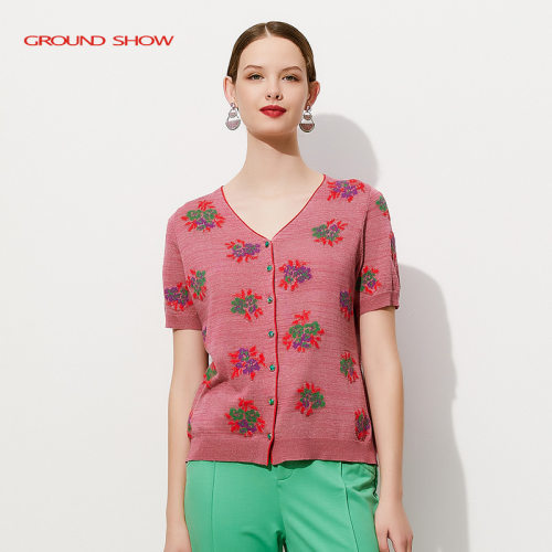Ground Show/阁兰秀红色提花短袖开衫女V领优雅复古上衣夏新