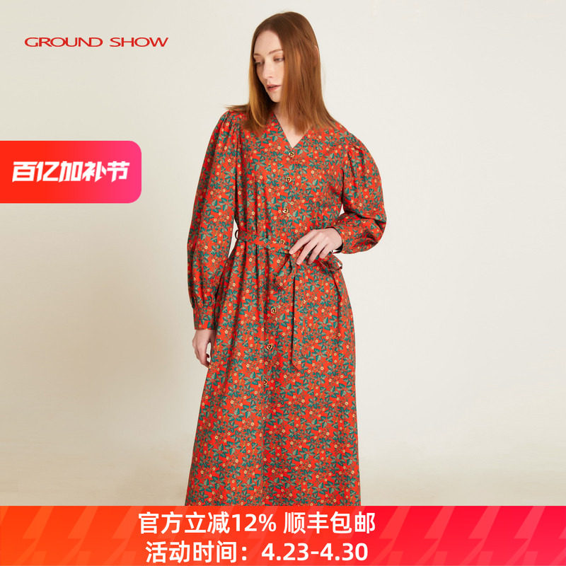 【100%棉】阁兰秀红色印花连衣裙长袖V领系带收腰显瘦碎花衬衫裙