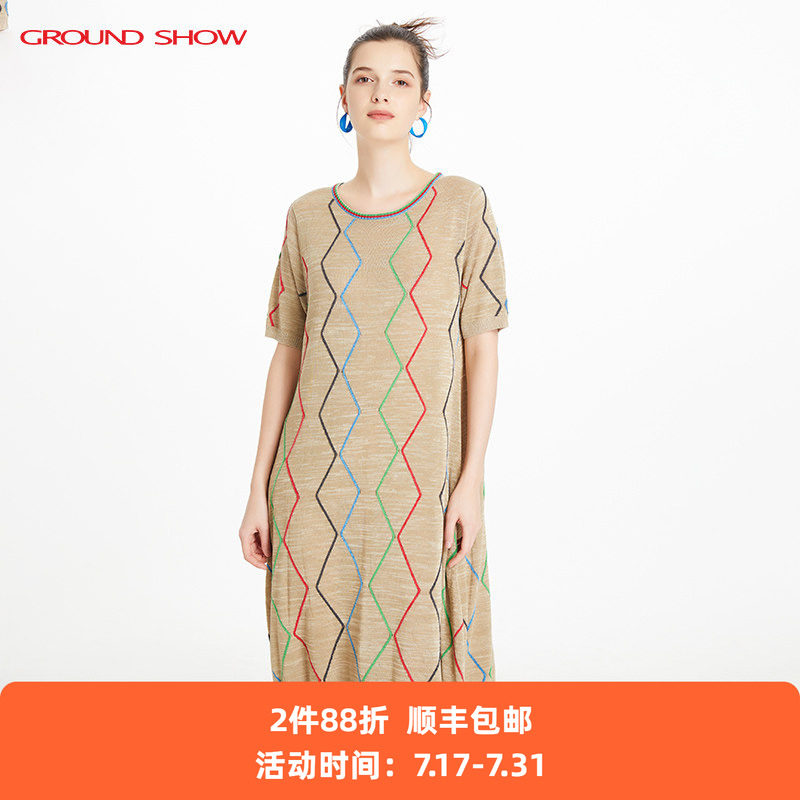 【专柜款】阁兰秀夏新品短袖原麻色绢丝棉提花针织连衣裙裙子女装
