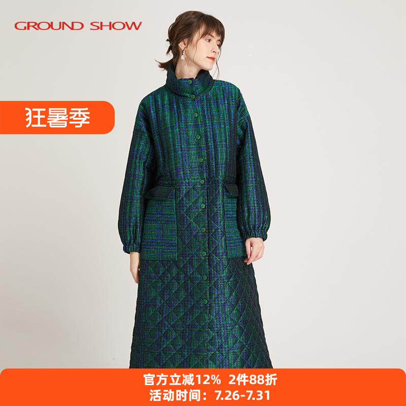 【专柜款】阁兰秀秋冬新品翠绿格形粗花呢棉衣过膝长款棉服女装