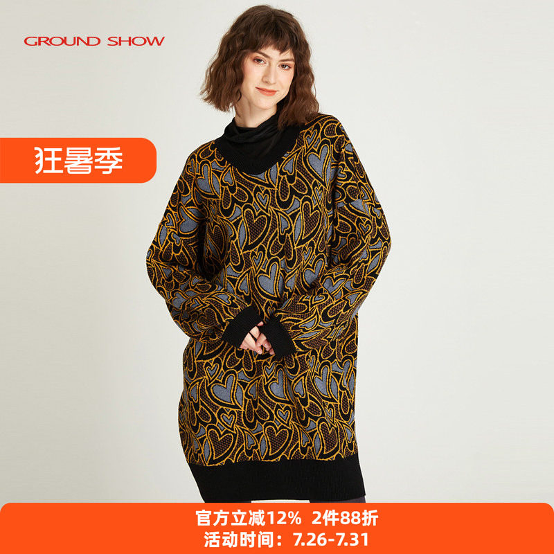 阁兰秀秋冬粗针提花针织连衣裙宽松显瘦含羊毛女V领中长款毛衣裙