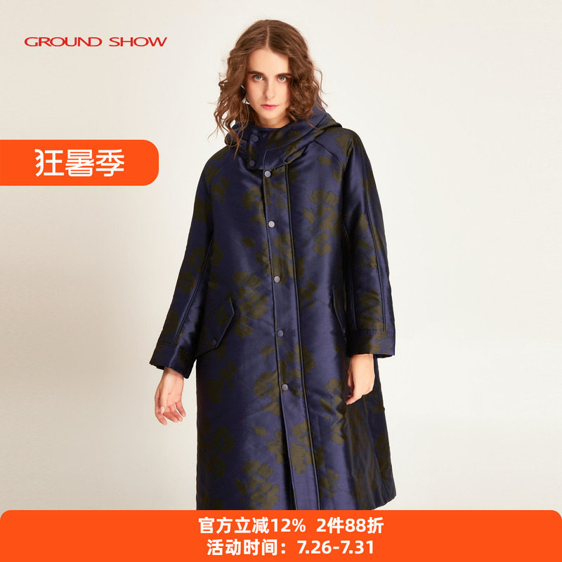 【专柜款】阁兰秀2025秋冬新品墨蓝色复古提花连帽棉衣长棉服女装