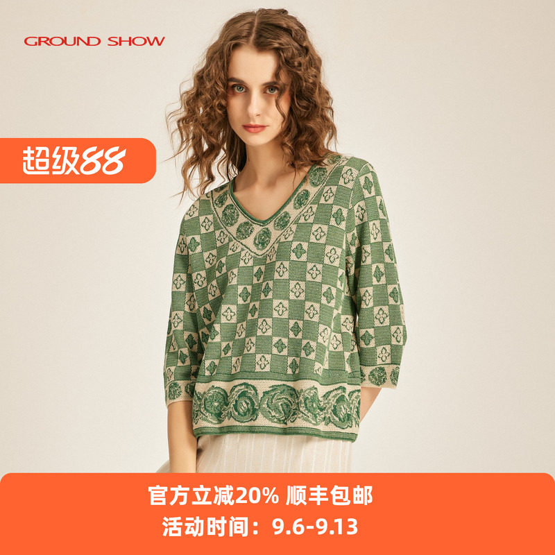 【商场同款】阁兰秀春新品五分袖桃心领棋盘格提花针织套头衫女装