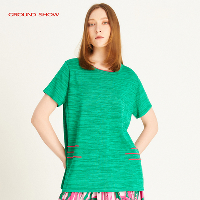 Ground Show/阁兰秀2025夏季新款绿色针织套衫短袖圆领简约T恤女