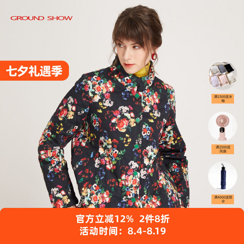 黑色印花棉衣阁兰秀加厚保暖