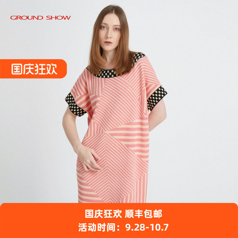 Ground Show/阁兰秀提花针织连衣裙几何条纹短袖套头中长裙夏女装