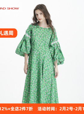 【80支长绒棉】阁兰秀春季新款绿色灯笼袖小碎花纯棉连衣裙女装