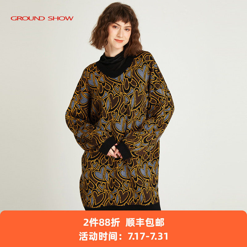 阁兰秀秋冬粗针提花针织连衣裙宽松显瘦含羊毛女V领中长款毛衣裙
