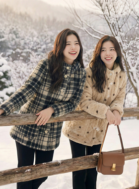 新款格子加绒加厚长款女士冬季棉衣连帽棉服罩衣保暖外套棉袄YY01
