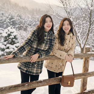 新款格子加绒加厚长款女士冬季棉衣连帽棉服罩衣保暖外套棉袄YY01