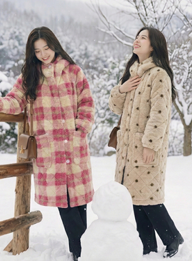 2025冬季中长款三层加绒加厚连帽棉衣可外穿家居服保暖防污女YY01