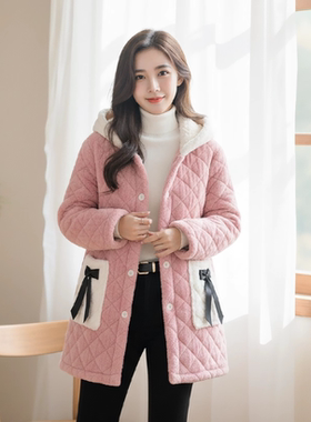 2025新款三层加绒加厚中长款棉连帽罩衣女防寒保暖家居服SY17