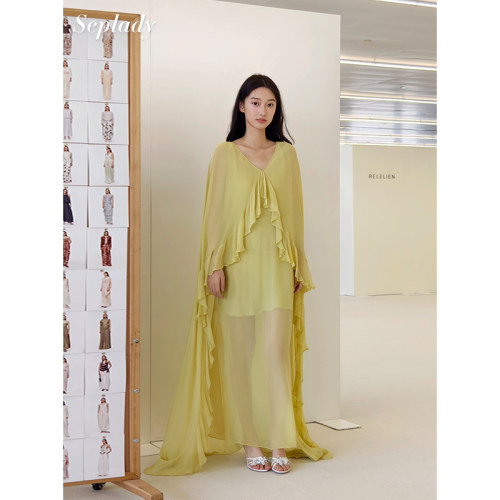 AETNA PROJECT 26SS春夏新品 设计感V领披肩连衣裙女桑蚕丝长裙